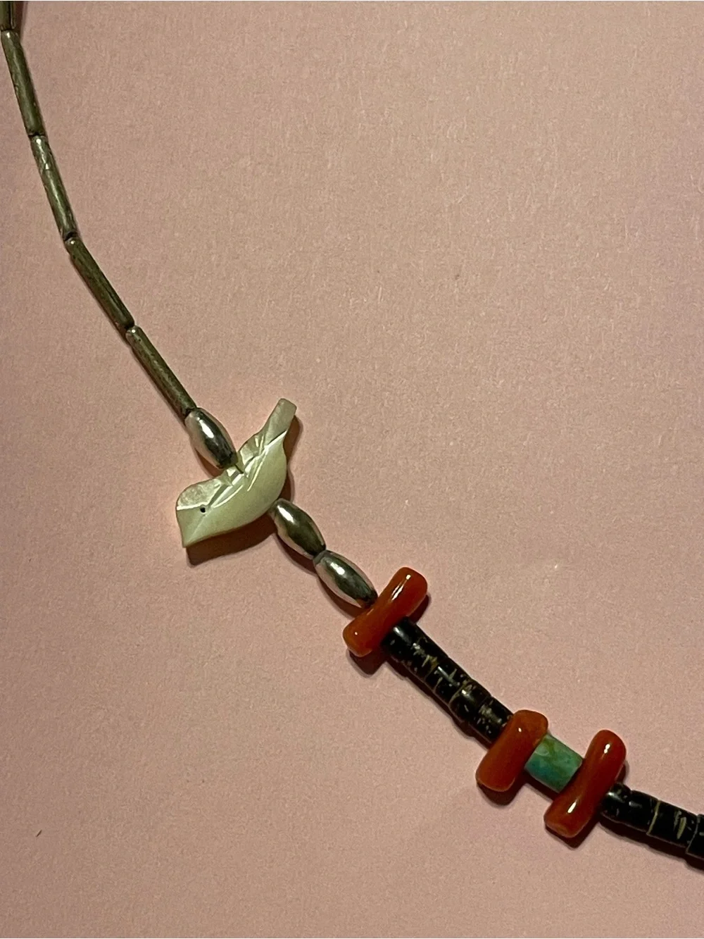 Vintage Turquoise Coral Heishi Liquid Silver Bird Necklace #9380
